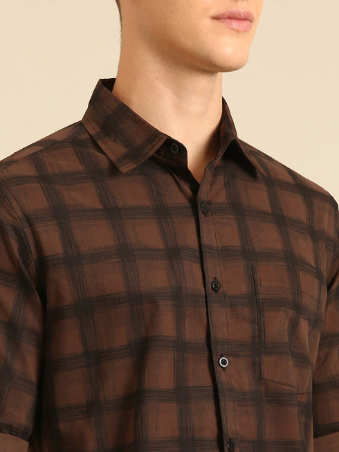 Dark Brown Checked Full Sleeve Casual Shirt